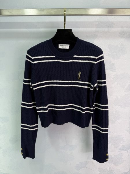 YSL* contrasting embroidered lettering striped long-sleeve top!